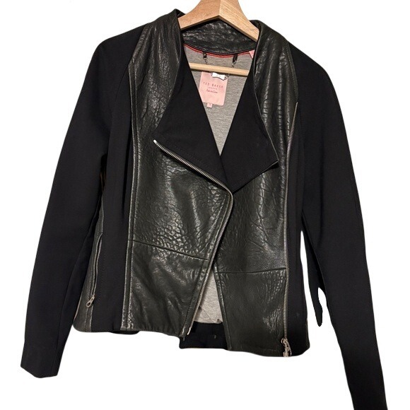 Ted Baker Jackets & Blazers - Ted Baker London Sew in Love Black Leather Mixed Media Moto Jacket Size 1